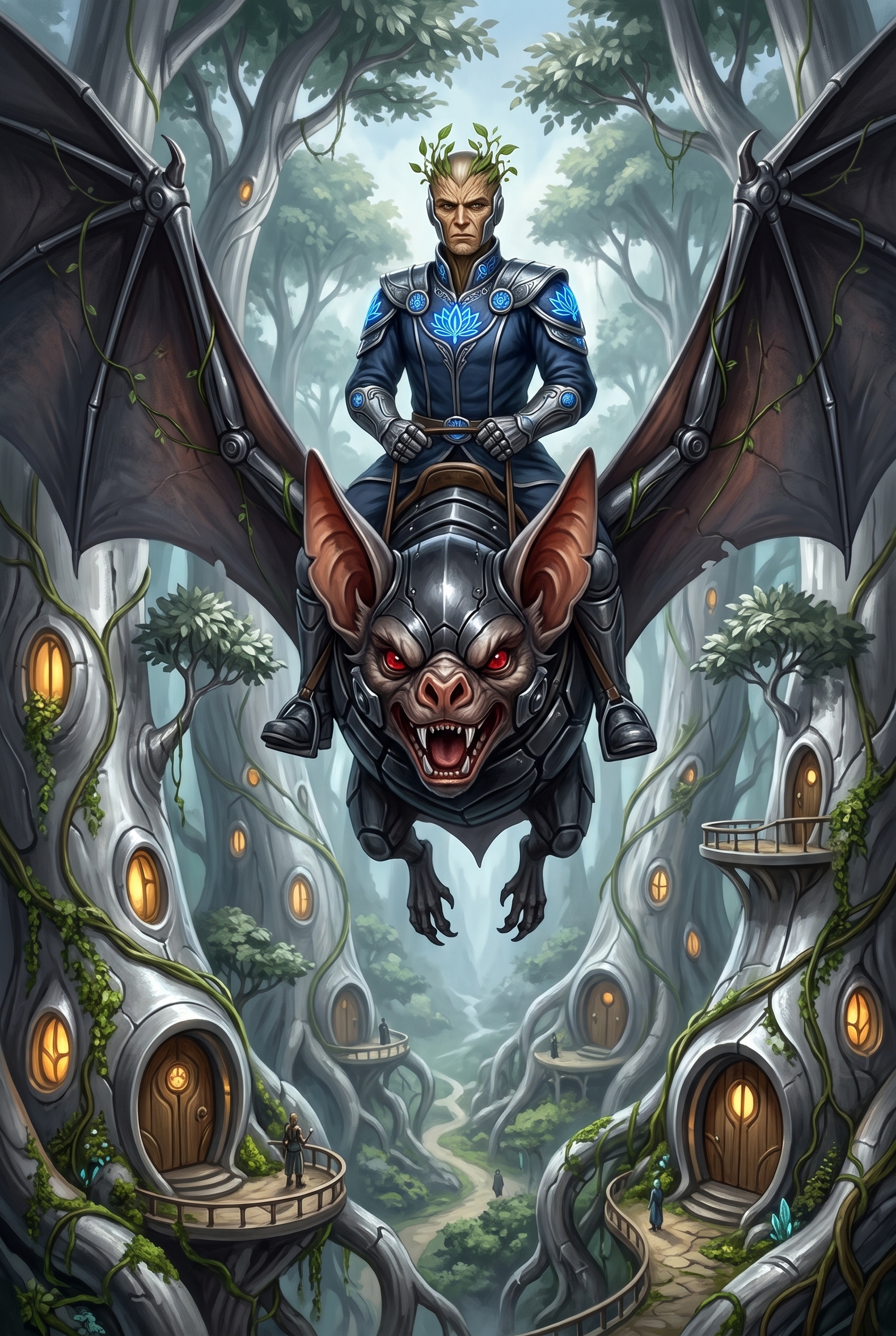 Dahrek, a stern officer in a blue uniform, rides a black nocturnis with red eyes and metal-ribbed batlike wings above Leafshade's inhabited silver tree trunks.