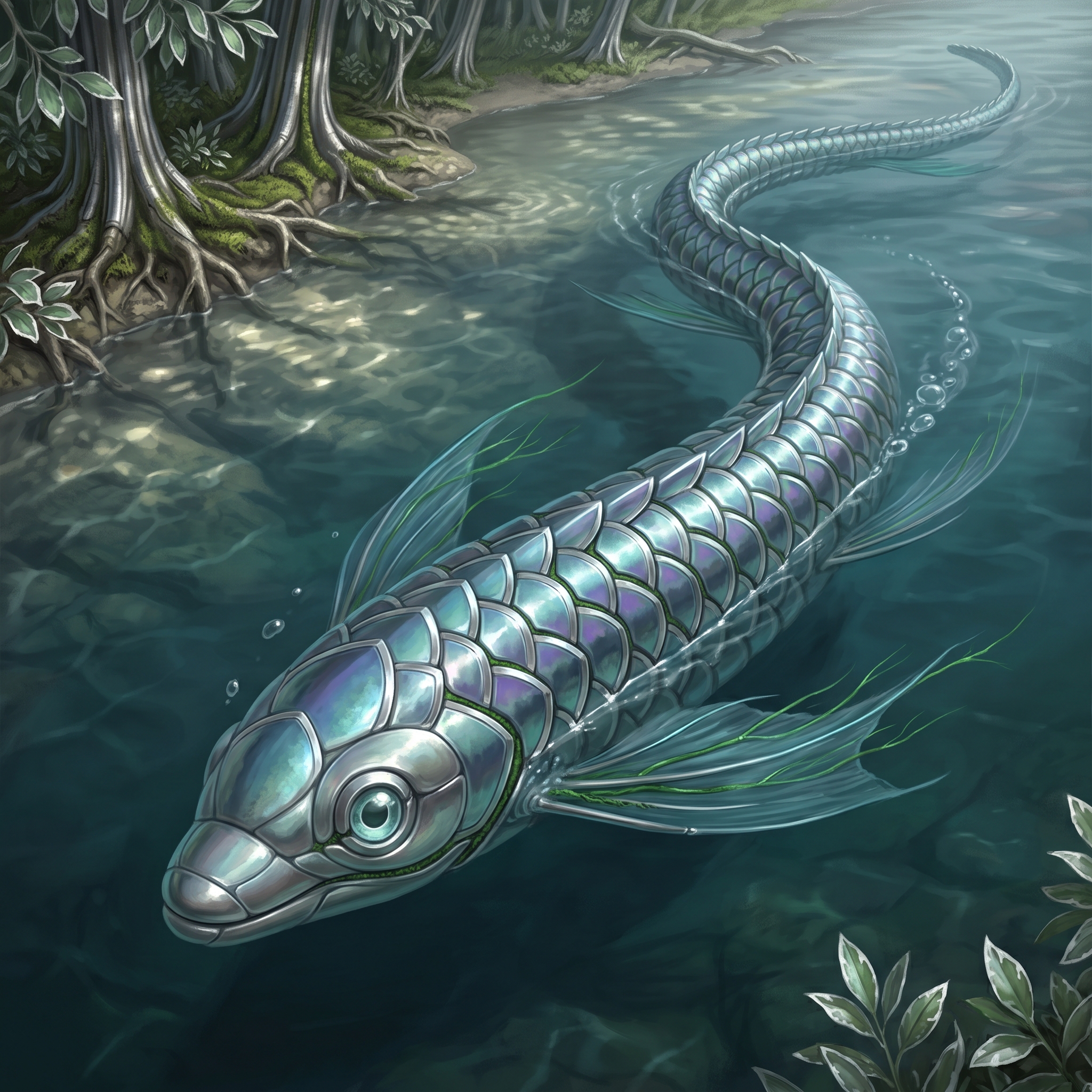 A long aquaflare glides through clear river water, its rounded plated muzzle, luminous eye, translucent fins, and blue-green-purple metal scales visible beneath the ripples.