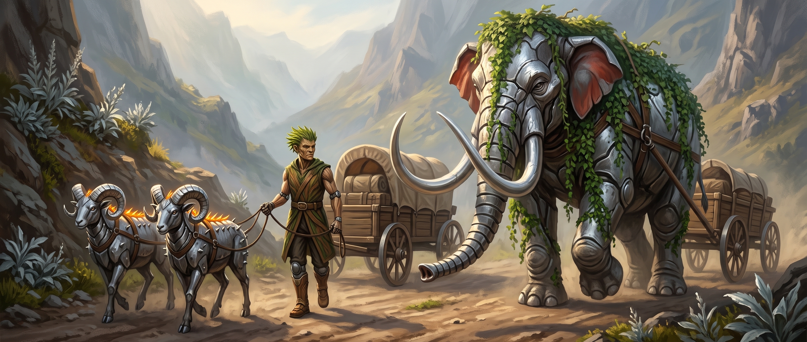 A vine-covered silver mechadon and two metal-horned capramets pull wooden freight wagons along a mountain road beside their handler.