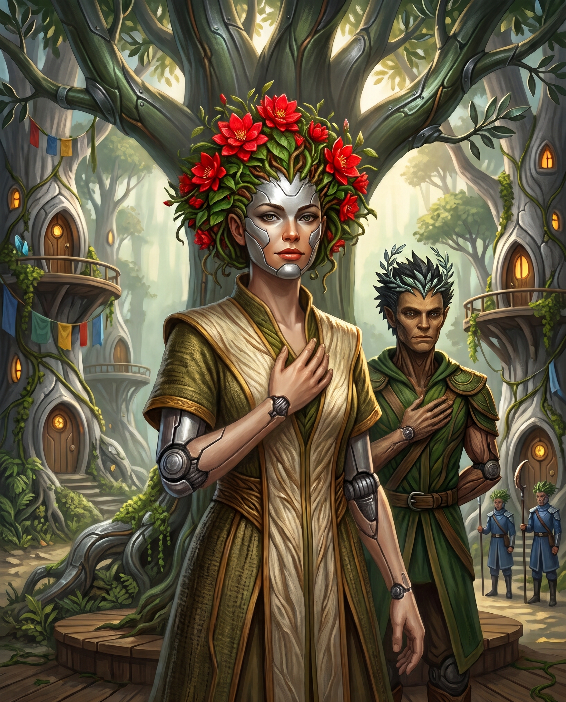 Liora touches a hand to her heart beneath the metallic trees of Leafshade. Red flowers grow from her crown, with Brevis and hollow-trunk homes behind her.