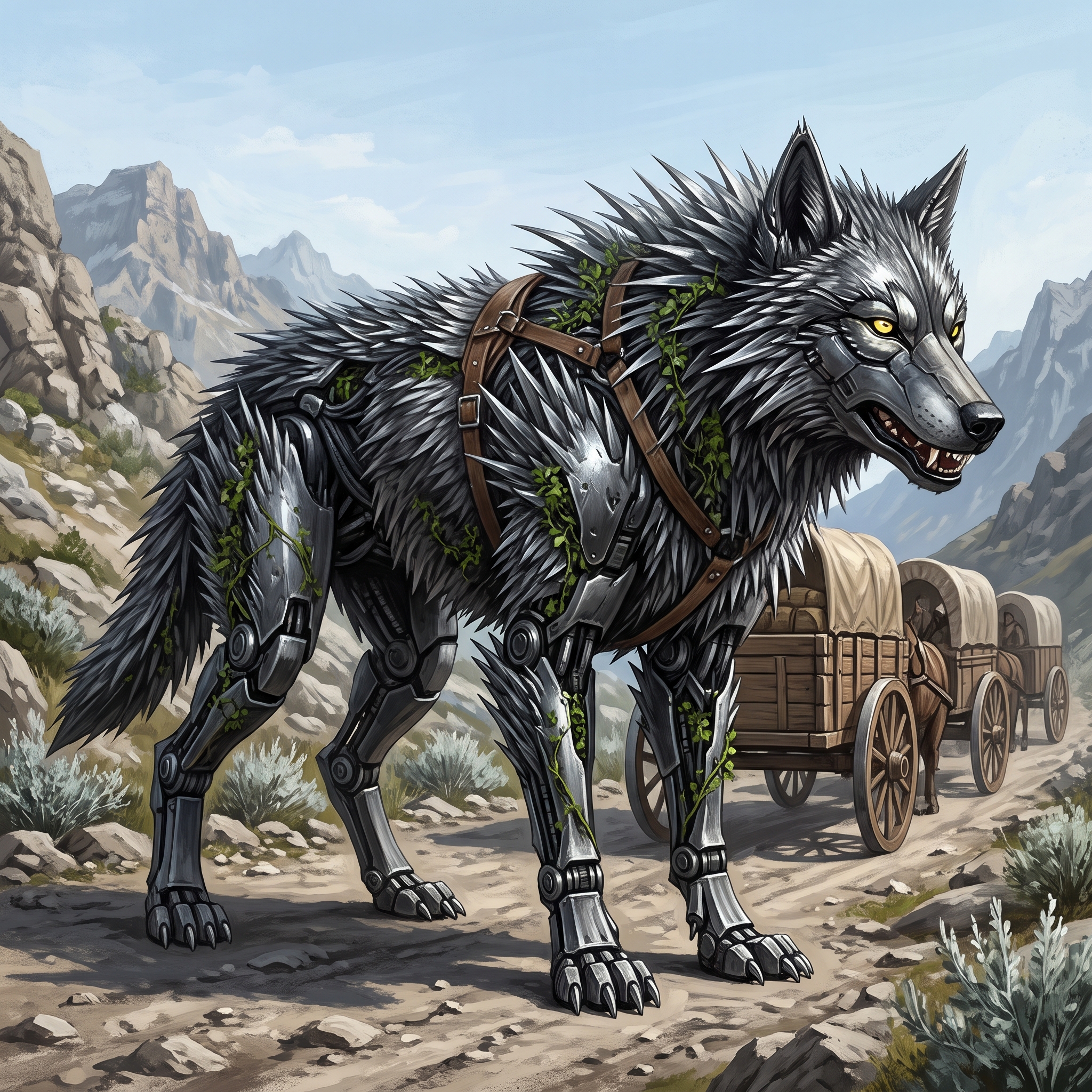 Lumi, an enormous wolf-shaped living organism with spiky steel fur, yellow optical eyes, green vines, and a leather riding harness, stands on a rocky caravan road.