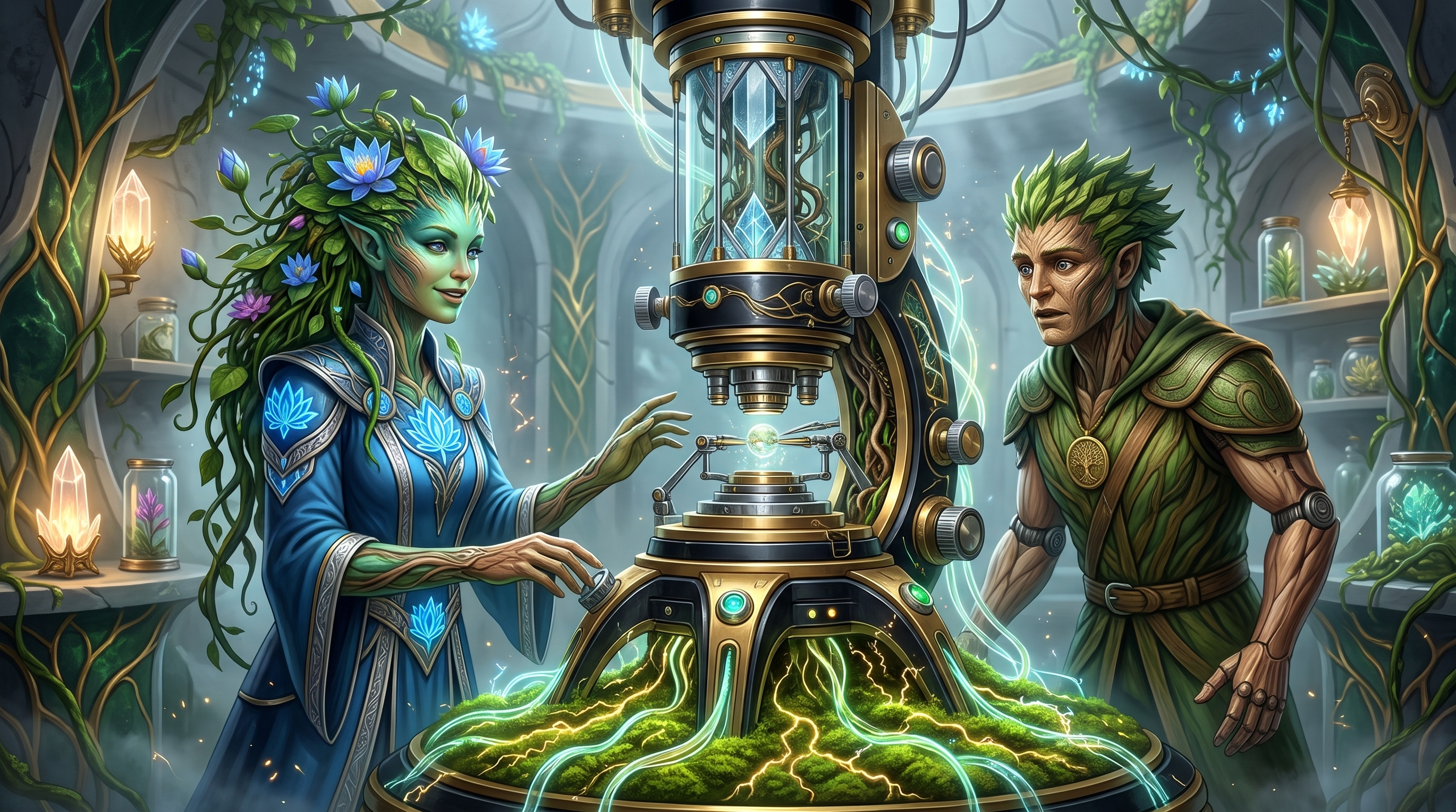 Dr. Caylena guides Brevis beside a living microscope with metallic-bark supports, focusing vines, and a locally powered moss reservoir in a sunlit workshop.