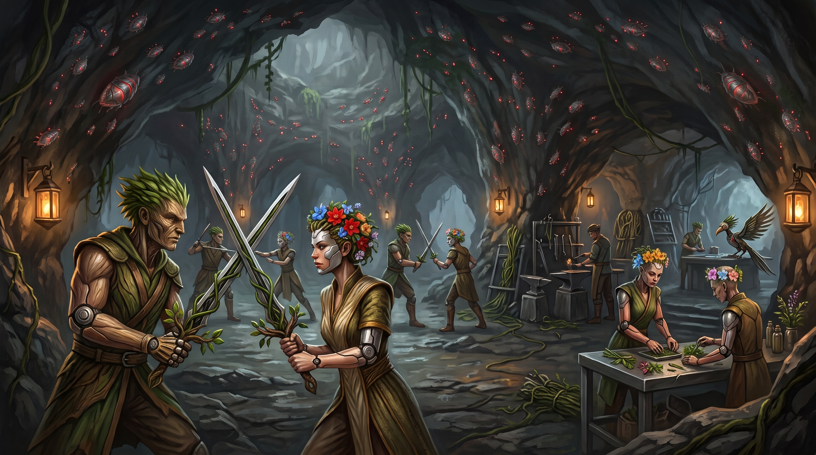 Virmach fighters practice with alloy-and-vine swords inside a vast rebel cavern, while red-glowing wall creatures illuminate medics and a working weapons workshop.